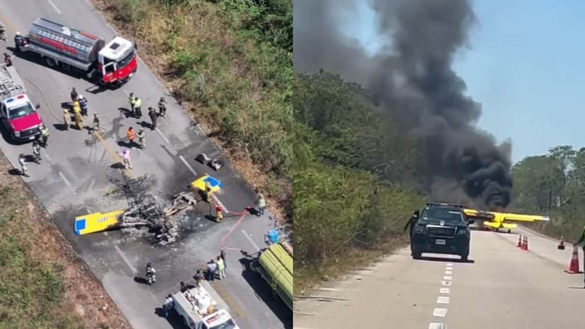 Video: Avioneta aterriza de emergencia en carretera de Valladolid, Yucatán y se incendia por completo