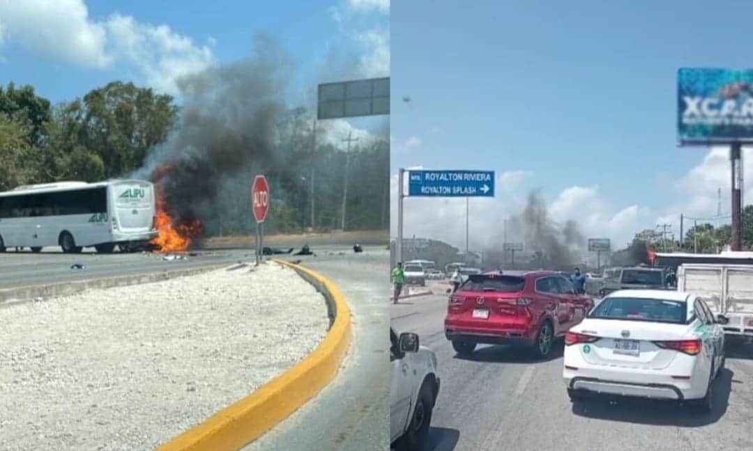 VIDEO: Accidente en la Carretera Puerto Morelos - Cancún deja un fallecido y un autobús incendiado