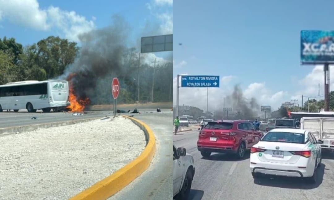 VIDEO: Accidente en la Carretera Puerto Morelos - Cancún deja un fallecido y un autobús incendiado