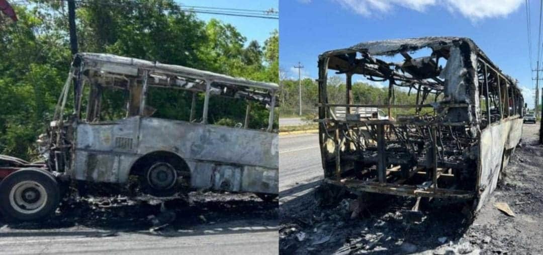 Se incendia autobús que transportaba a trabajadores del Tren Maya en la vía Playa del Carmen-Tulum