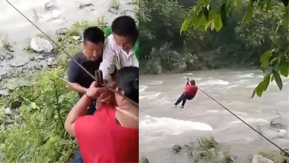 Video: Improvisan tirolesa para cruzar río desbordado en Hidalgo