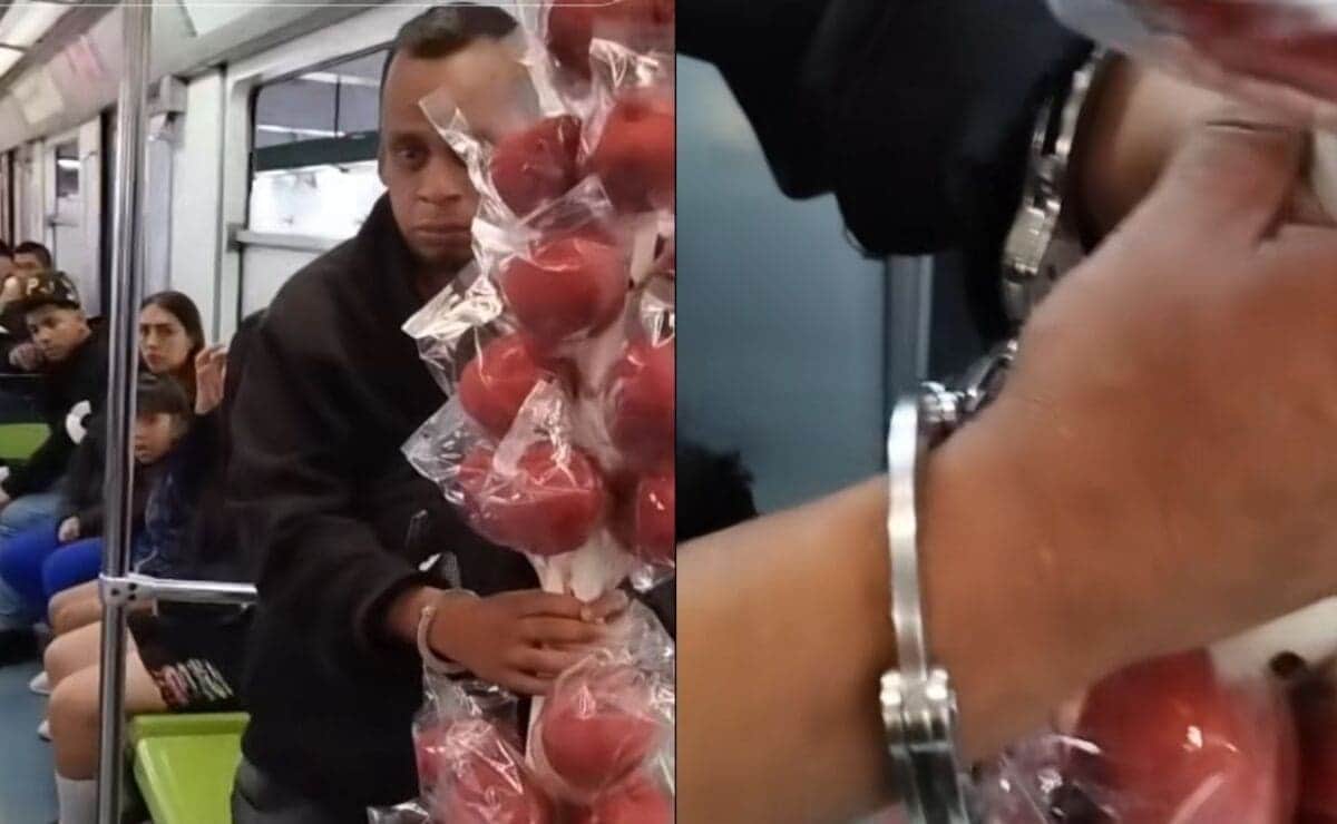 Video: Captan a vendedor de manzanas esposado dentro del metro de Cdmx