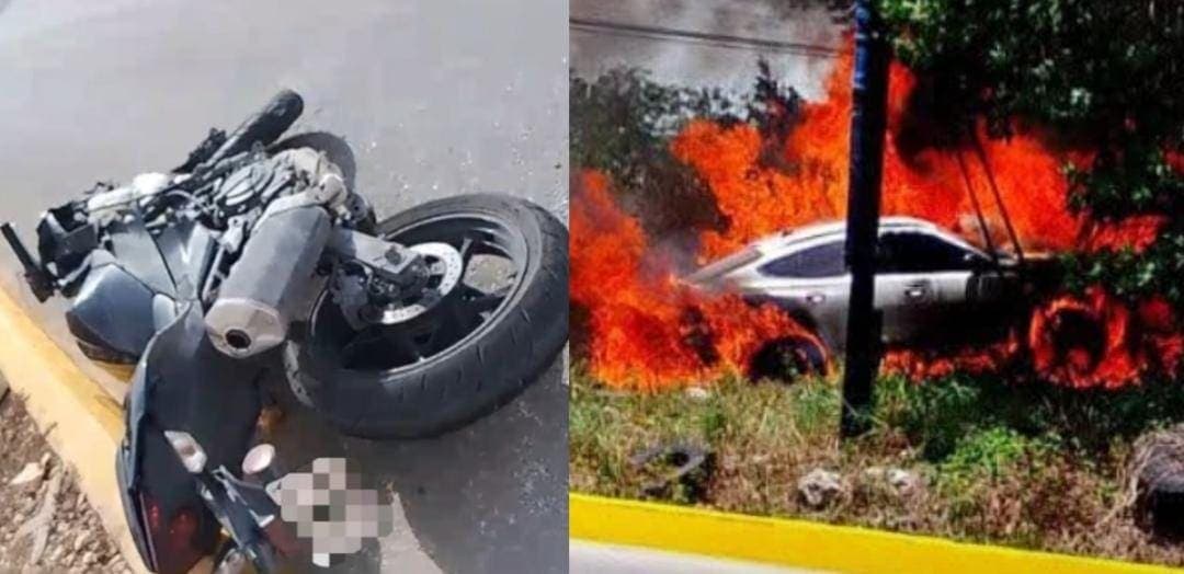 Fuertes accidentes en Cancún; muere motociclista y un automóvil se incendia tras chocar con anuncio
