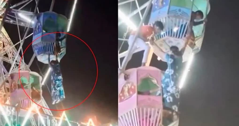 Video: Mujer queda colgada de una rueda de la fortuna en India