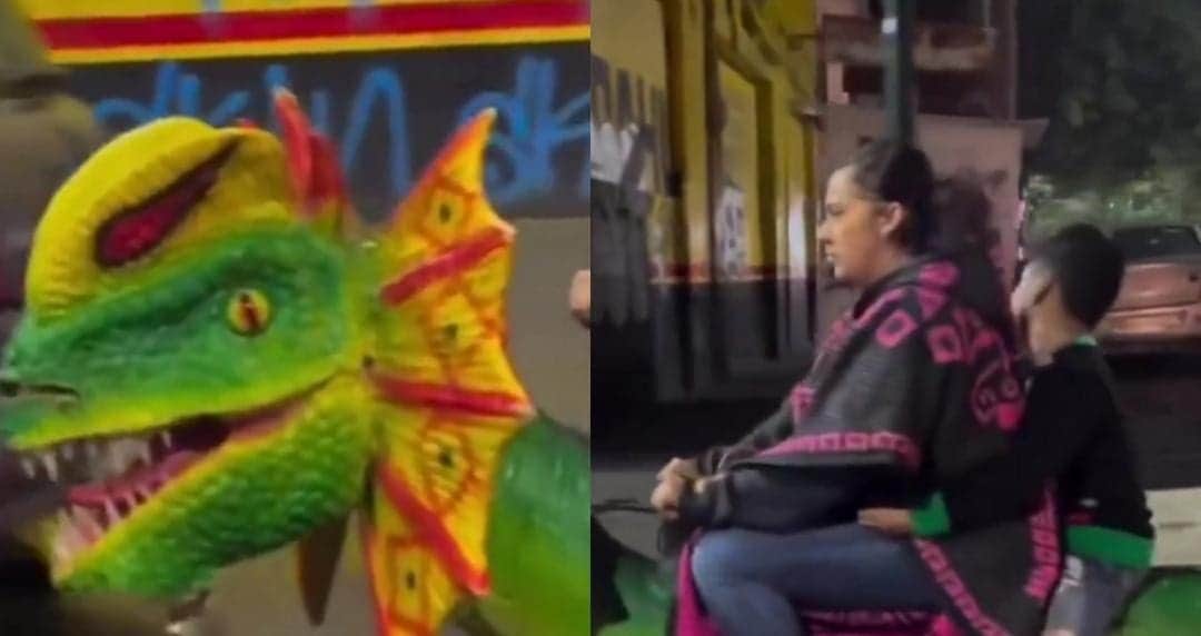 Video: Captan a mujer y un niño circulando a bordo de un dinosaurio en la Cdmx