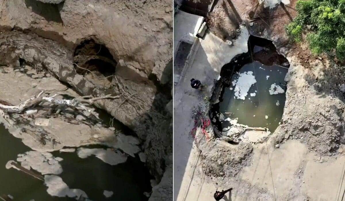 Vecinos alertan sobre socavón generado por fuga de agua en Santa María Aztahuacán en Cdmx