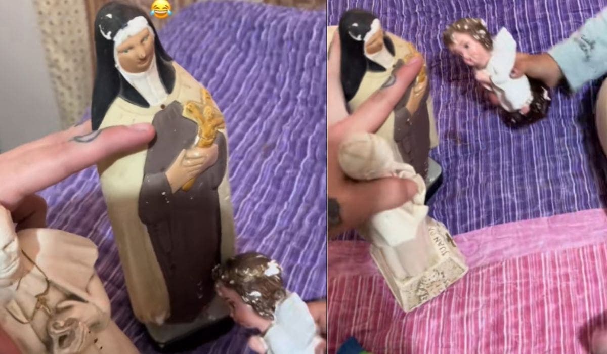 Video: Niña usa las figuras religiosas de su abuela como juguetes
