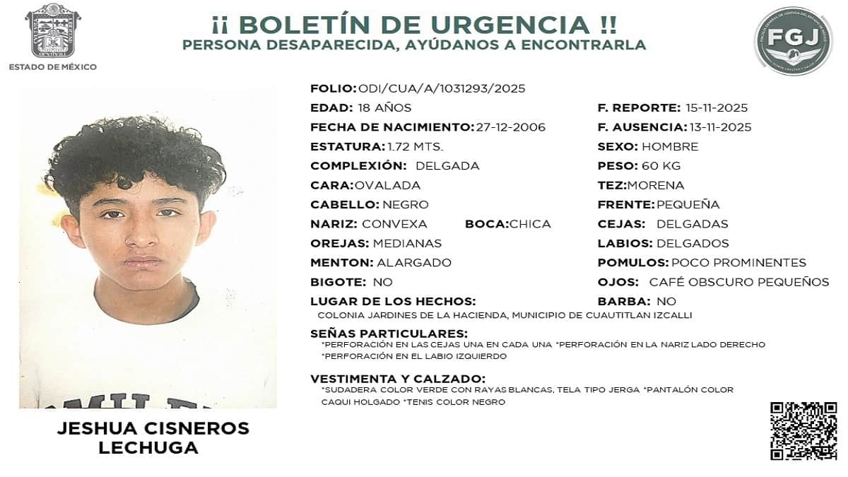 Jeshua Cisneros cumple más de un mes desaparecido en Cuautitlán Izcalli; continúa la búsqueda