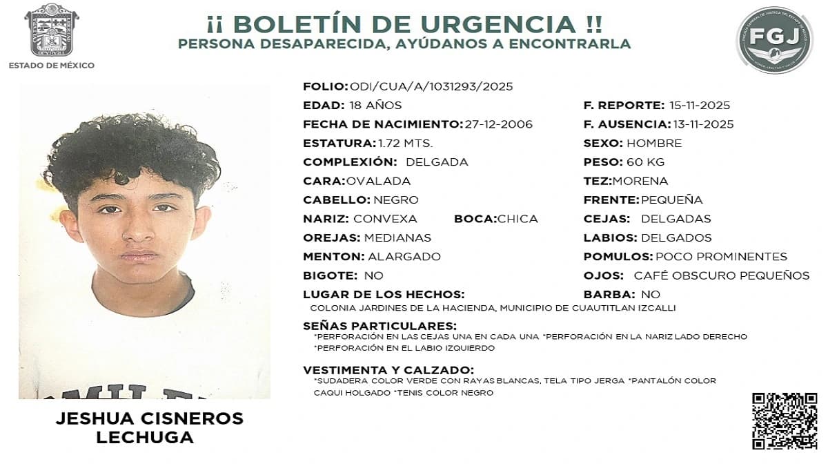 Jeshua Cisneros cumple más de un mes desaparecido en Cuautitlán Izcalli; continúa la búsqueda