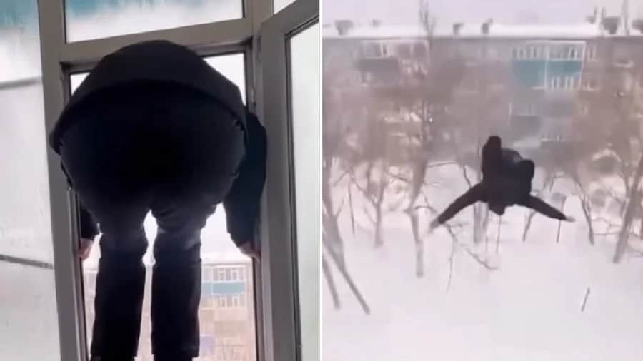 Video: Joven se lanza desde un quinto piso a una montaña de nieve en Rusia