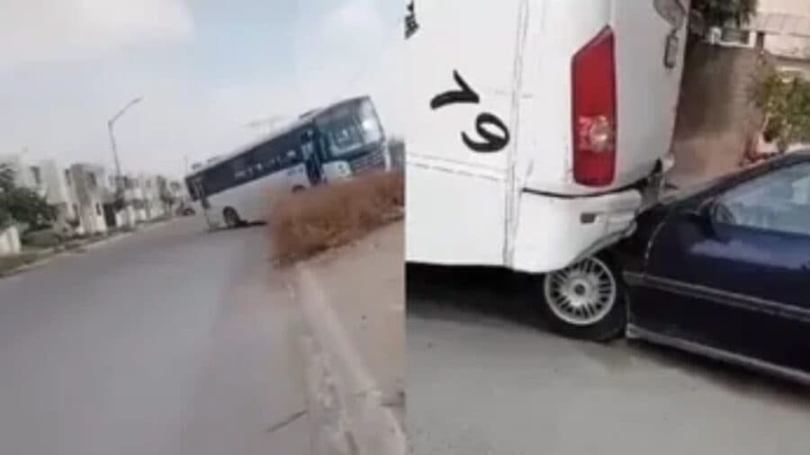 Camión de pasajeros choca contra dos autos luego de que el chofer se fuera al baño en Monterrey, Nuevo León