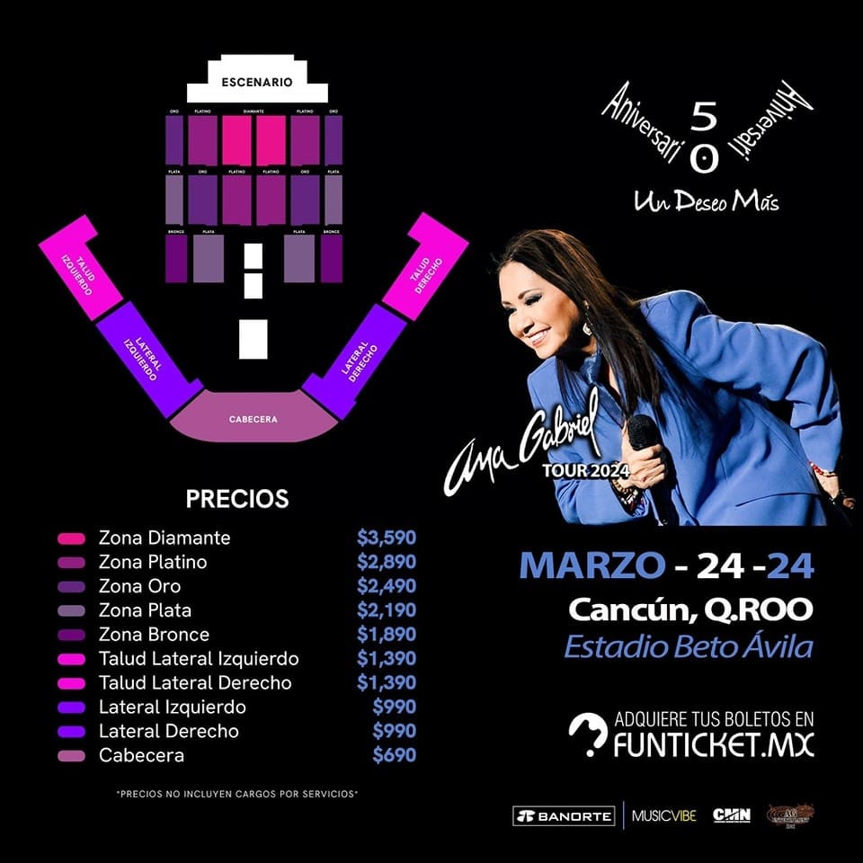 Ana Gabriel se presentará en Cancún este 24 de marzo; boletos van de los 700 a los 3 mil 600 pesos