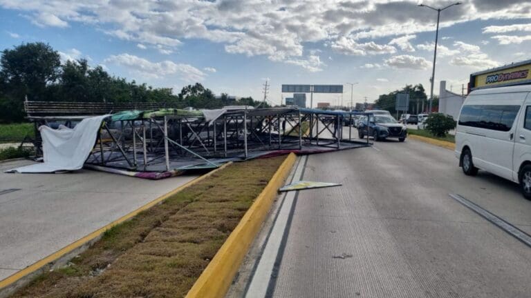 Fuertes vientos provocaron la caída de espectaculares, árboles y postes en Cancún