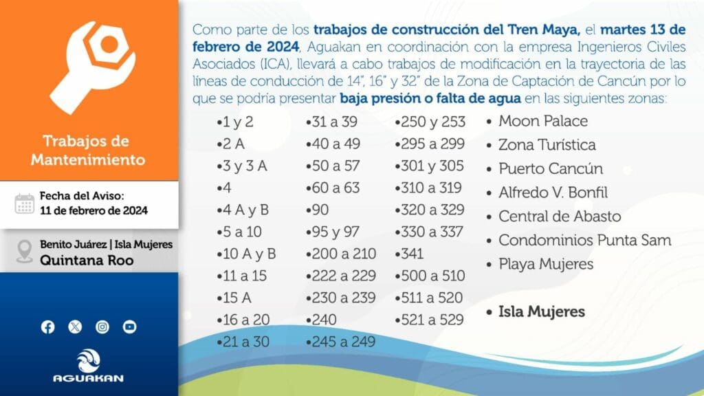 Aguakan anuncia obras de interconexión por trabajos de Tren Maya en Cancún