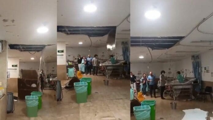 Se desplomó una parte del techo de la sala de urgencias del Hospital General Regional Número 17 en la ciudad de Cancún.