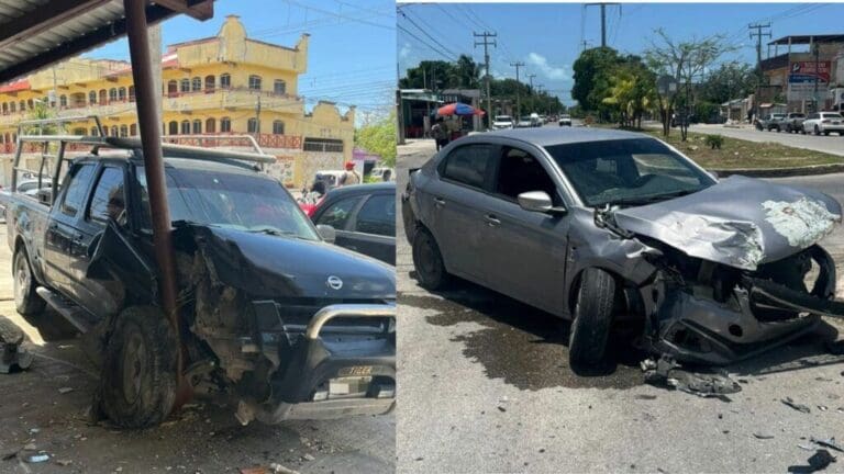 Fuerte choque en la 227 de Cancún; dos vehículos quedaron prácticamente destrozados