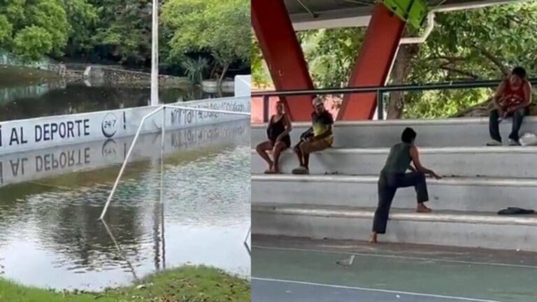 Personas en situación de calle se resguardan en el domo de La Rehoyada de Cancún a causa de las lluvias